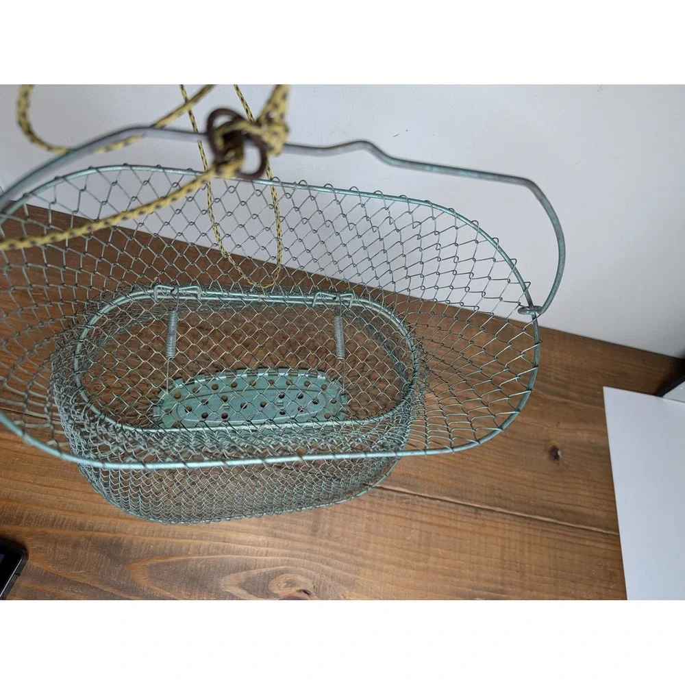Vintage Made France INOX Collapsible Wire Metal Mesh Fish Basket Oval Green Prop